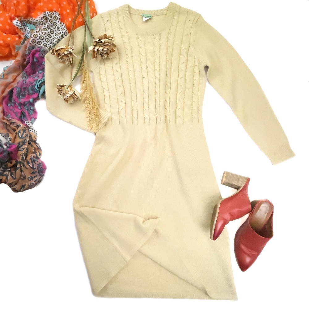 Sara Morgan Elegant Cream Knit Sweater Dress Sz Mp